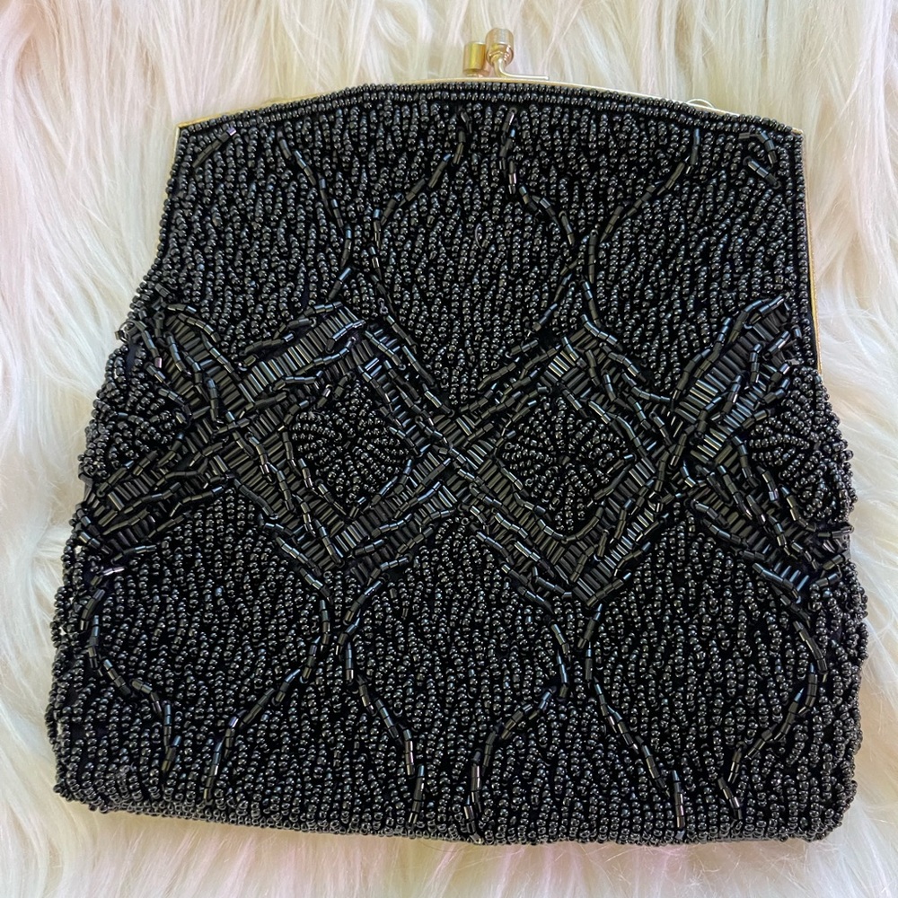 Vintage Black Beaded Clutch with Gold Chain Strap